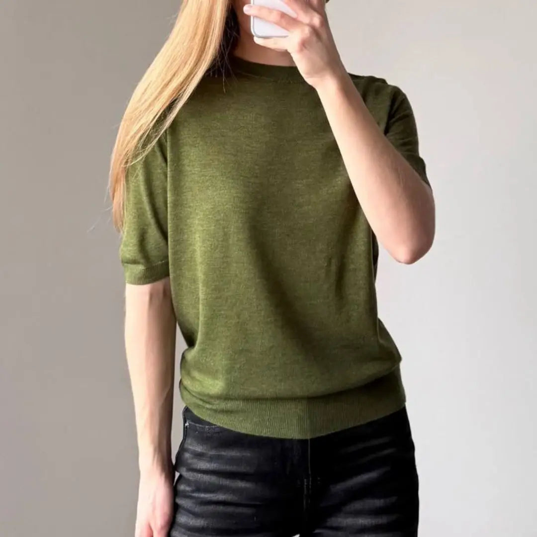 Damen Kurzarm Strickpullover Rundhals Rippbündchen