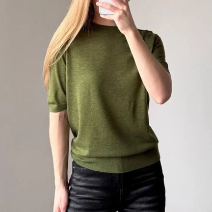 Damen Kurzarm Strickpullover Rundhals Rippbündchen