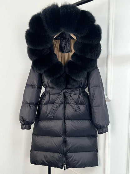 Women's black down coat with fur hood, long winter coat, belt, warm jacket