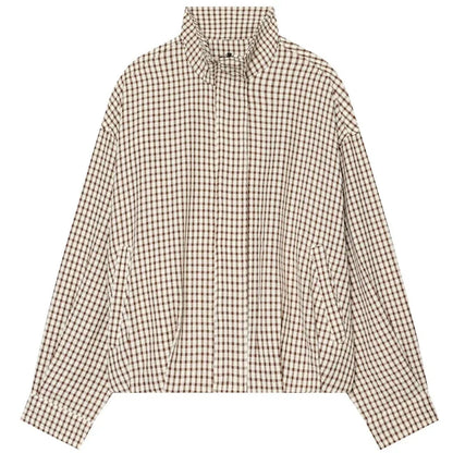 Damen Karo-Bluse Oversize Stehkragen Gesteppte Ärmel