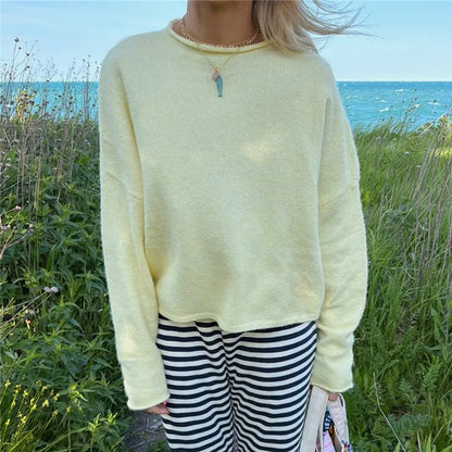 Gelber Oversized Pullover Damen Langarm Rundhals Feinstrick