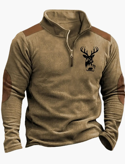 Men's outdoor sweatshirt with wildlife print and stand-up collar – leisure & hunting