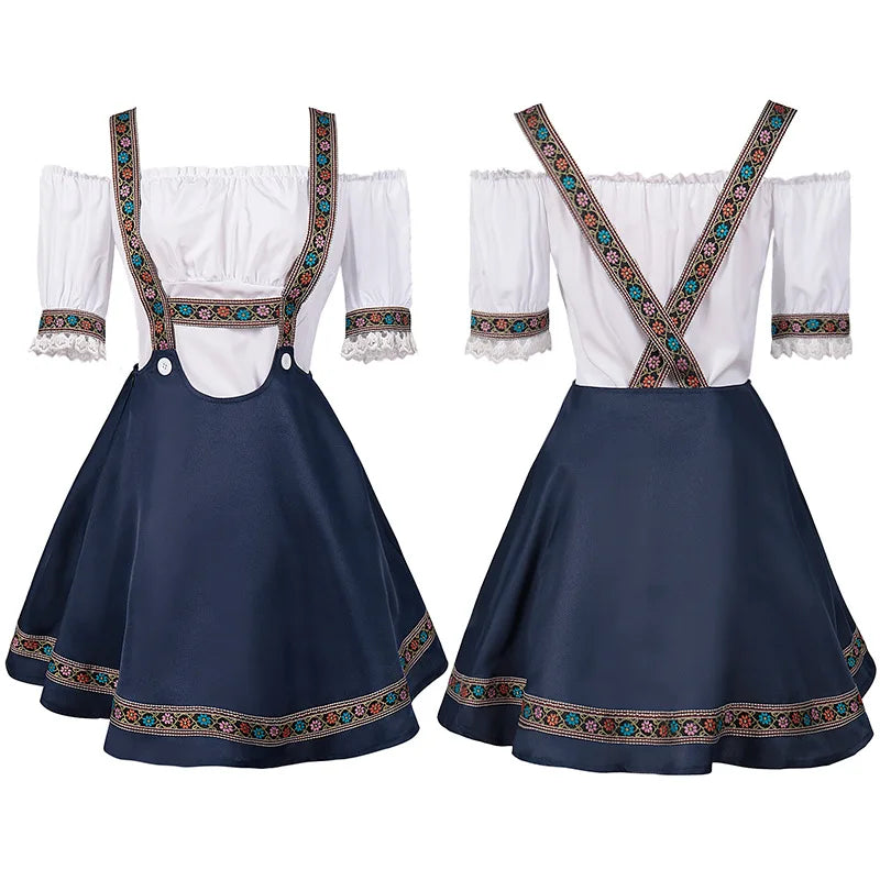 Damen Dirndl-Kleid mit Trägern und Carmen-Bluse, bestickt