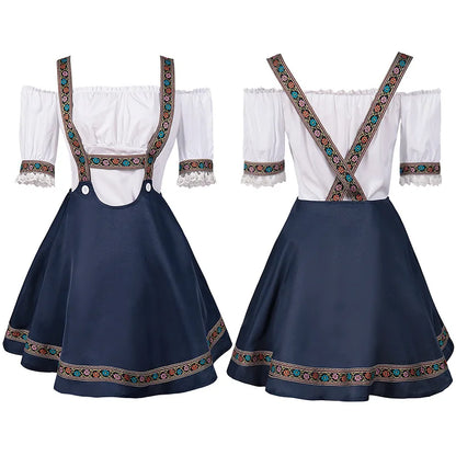 Damen Dirndl-Kleid mit Trägern und Carmen-Bluse, bestickt