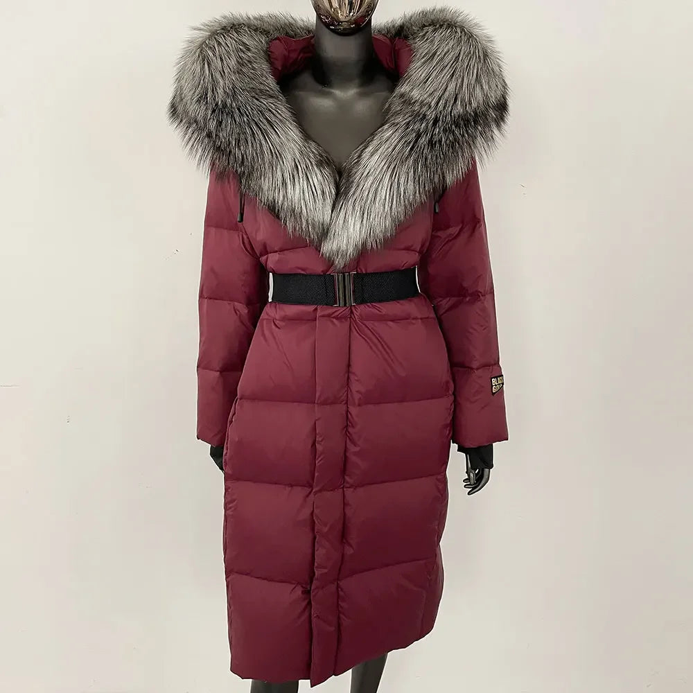 Women's long winter quilted coat with faux-fur hood and belt