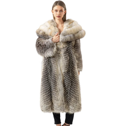Long faux fur coat with large collar, multicolored stripes