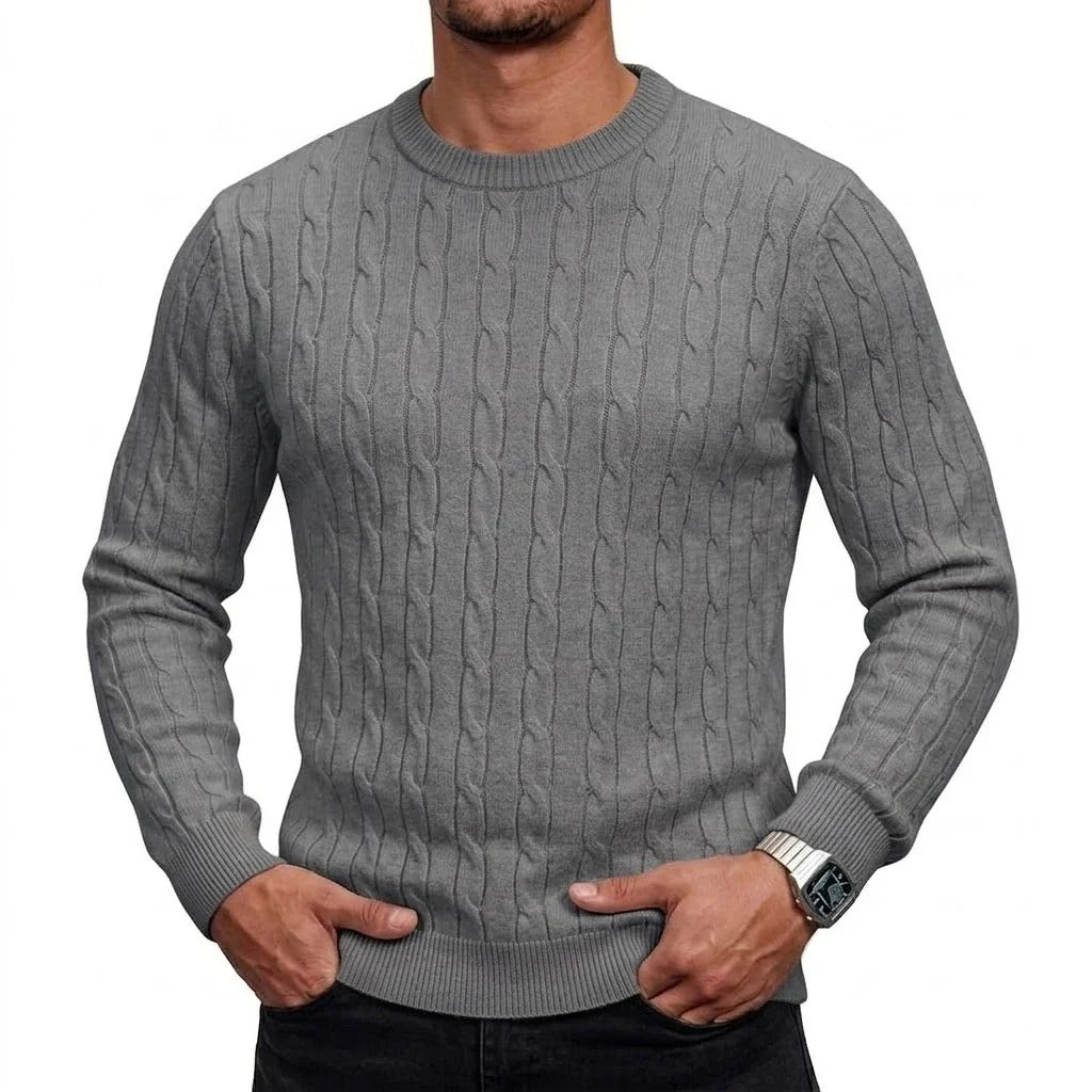 Herren Pullover Rundhals Zopfmuster Langarm Strickpullover