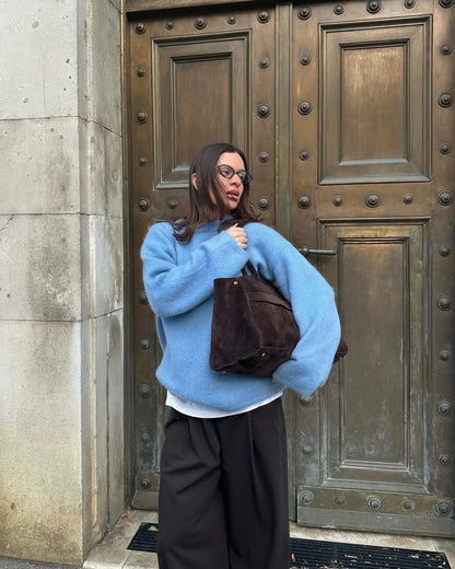 Damen Flauschiger Rundhals-Pullover in Olivgrün