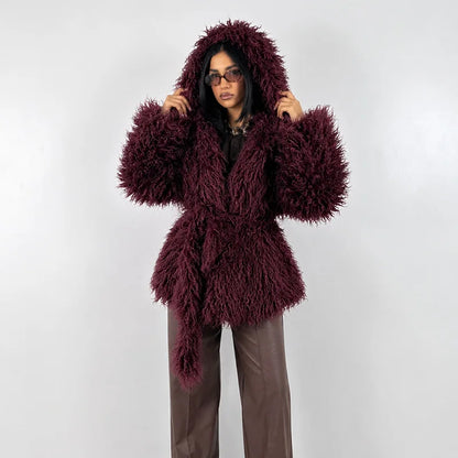 Women's fluffy hooded jacket with tie belt shaggy look