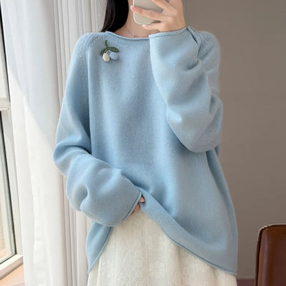 Women's Crew-Neck Long-Sleeve Sweater with Fruit Appliqué and Soft Knit