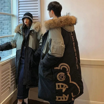 Unisex long winter parka with hood and fur trim, two-tone