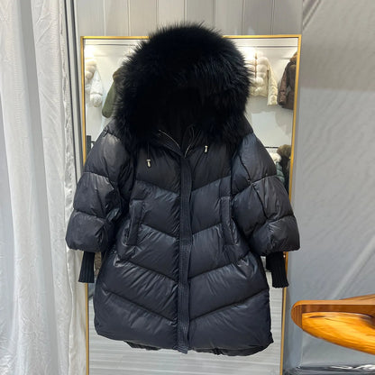Women's winter quilted jacket with faux fur hood, khaki beige