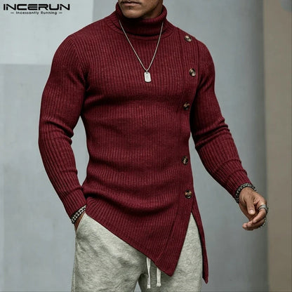 Men's turtleneck sweater, long sleeve, asymmetrical hem, buttons, rib knit, beige