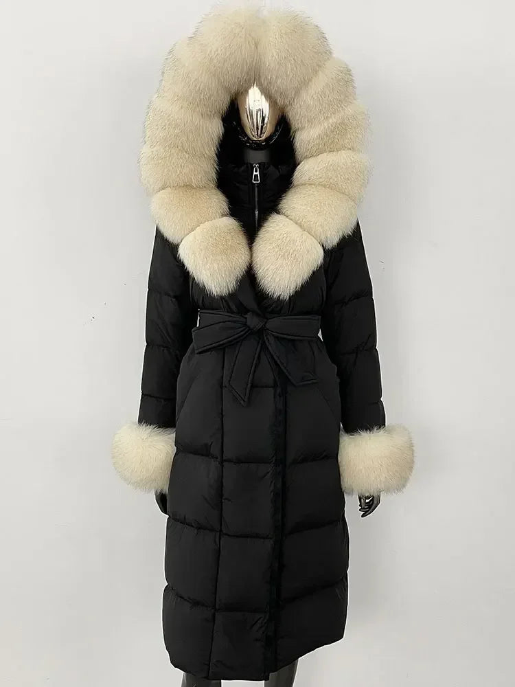 Women's quilted winter down coat with faux fur trim and belt