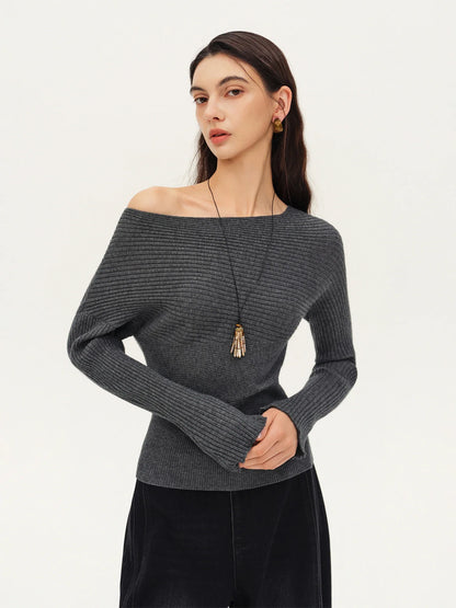 Women's Ribbed-Knit Long-Sleeve Boat-Neck Sweater Beige