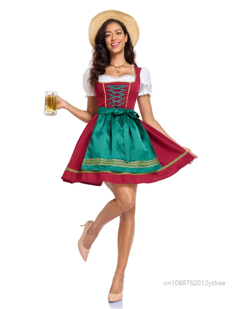Damen Dirndl Minikleid Rot Grün mit Schnürung Schürze