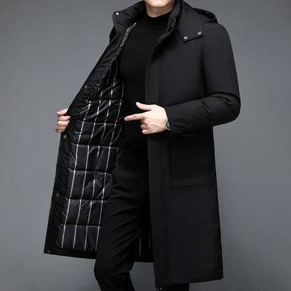 Men's winter parka with hood, long cut, black