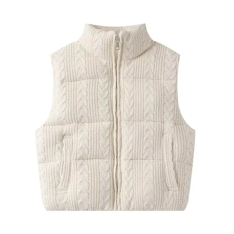 Quilted Knitted Vest for Women with Stand-Up Collar and Zipper