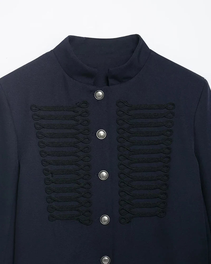 Kurze Marineblaue Jacke mit Stehkragen und Zierknöpfen