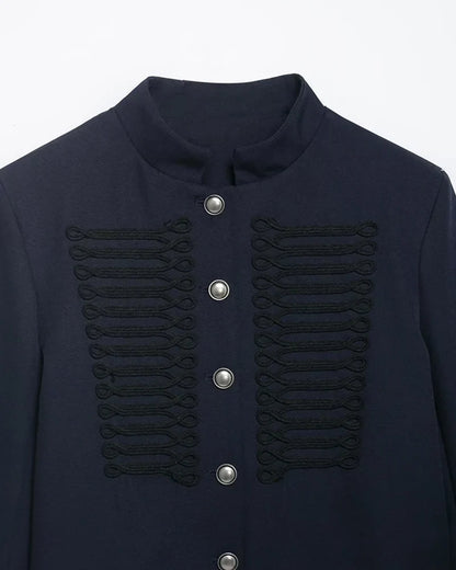 Kurze Marineblaue Jacke mit Stehkragen und Zierknöpfen