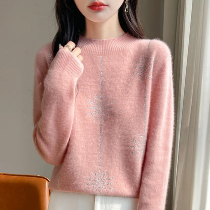 Women's sweater with stand-up collar and glitter snowflake pattern