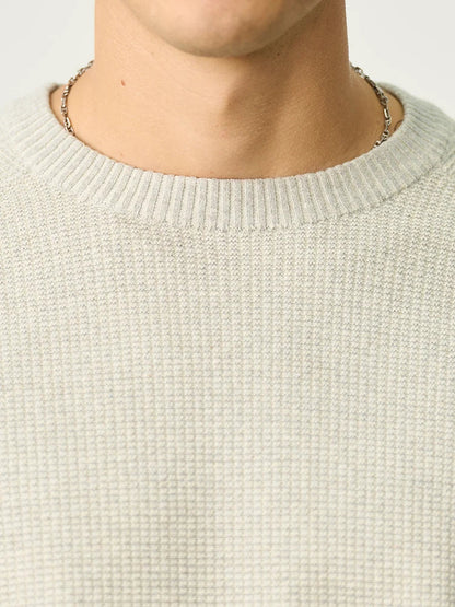 Men's blue ribbed crew-neck knit sweater, long sleeves