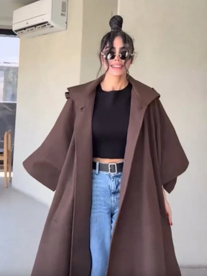 Women's long brown coat with loose oversized fit