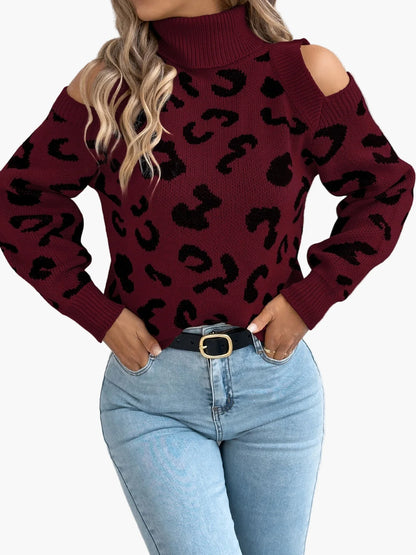 Damen Pullover mit Leopardenmuster und Cut-Out Schultern – Trendiger Freizeit-Strickpullover