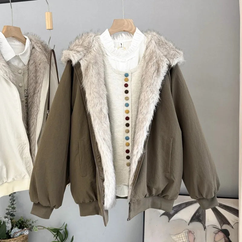 Damen Bomberjacke mit Kapuze Pelzimitat Futter Reißverschluss khaki