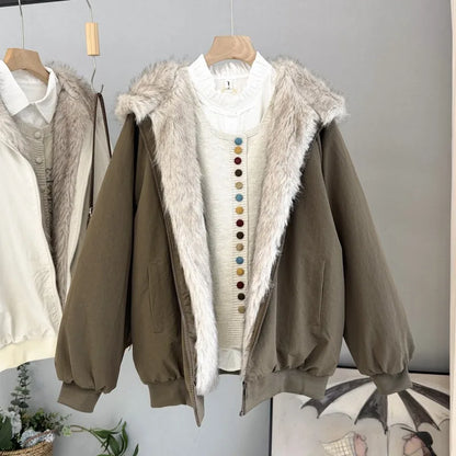 Damen Bomberjacke mit Kapuze Pelzimitat Futter Reißverschluss khaki