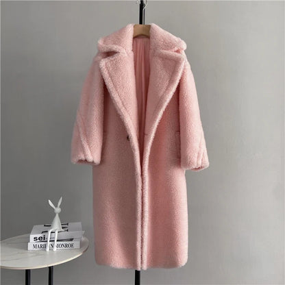 Damen Teddyfell-Mantel Lang Zweireihig Beige Winter