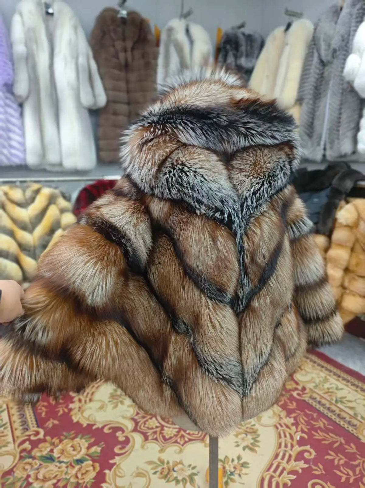 Fur coat with hood and striped pattern, short winter coat