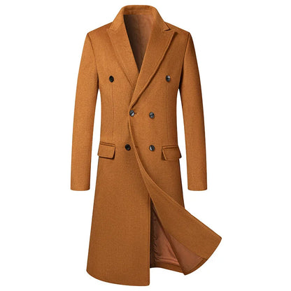 Men's long double-breasted slim-fit winter coat, wool-look, elegant