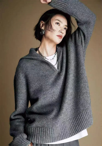 Turtleneck knit sweater with zipper, chunky ribbed