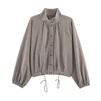 Damen Bluse mit Stehkragen und Vichy-Karo Muster – Langarm, verstellbarer Saum