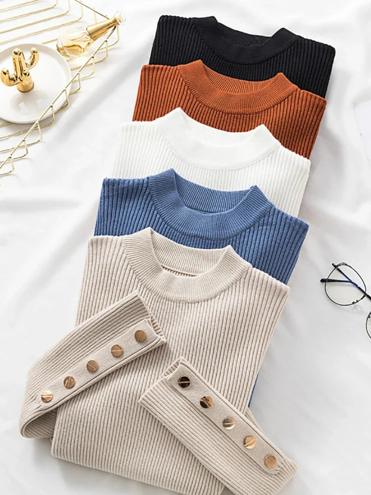 Women's rib-knit sweater, long sleeve, with decorative buttons