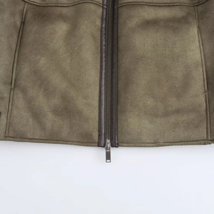 Gefütterte Jacke mit Kapuze, Grün, Veloursleder-Optik