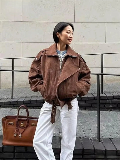 Women's suede-look biker jacket asymmetric zipper