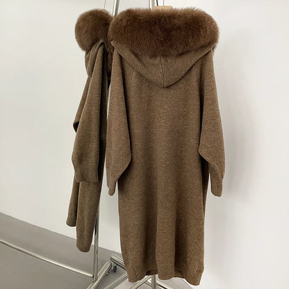 Lange Strickjacke mit flauschigem Kragen, Anthrazit