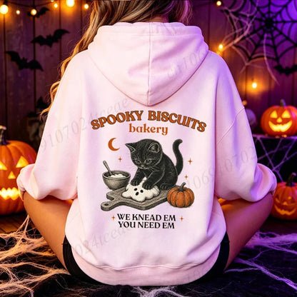 Halloween cat motif hoodie with kangaroo pocket, unisex