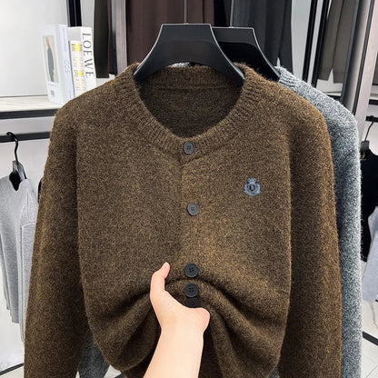 Men's crew-neck cardigan with button placket and emblem, gray/brown