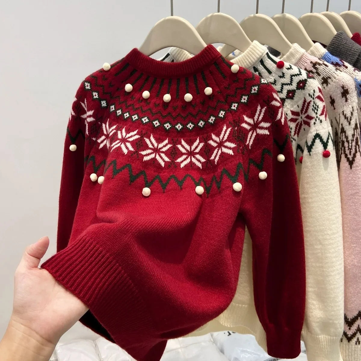 Women's Fair Isle sweater with turtleneck and decorative beads, white
