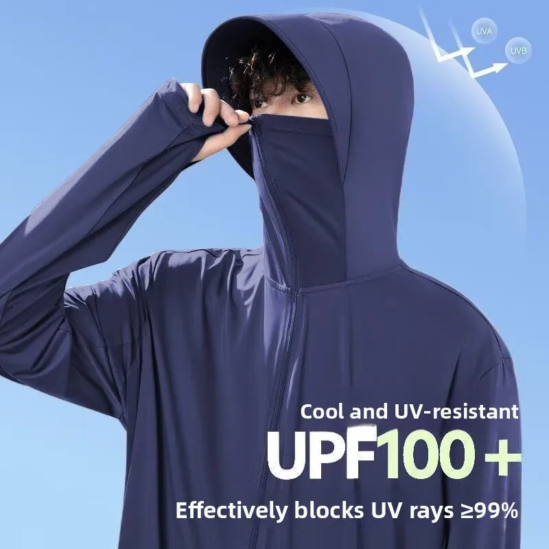 UV-protection jacket with hood and face mask, zipper, for men