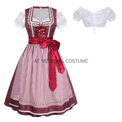 Damen Dirndl Midi Rot Gepunktet Kariert mit Bluse und Schürze