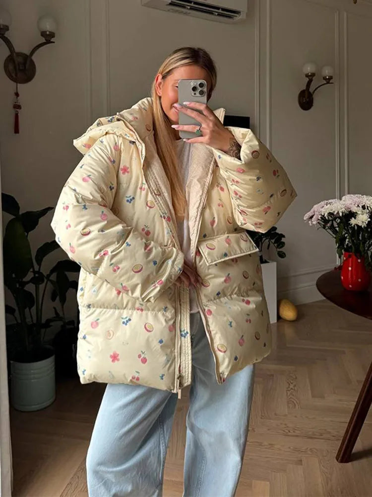 Damen Oversize Steppjacke mit Kapuze und Handschuhen