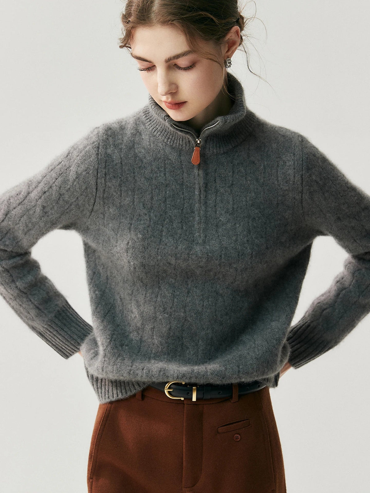 Women's cable-knit sweater with zipper, high collar, gray