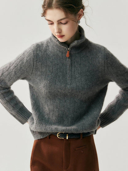 Women's cable-knit sweater with zipper, high collar, gray