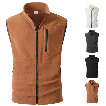 Unisex fleece vest with stand-up collar, zipper, and chest pocket