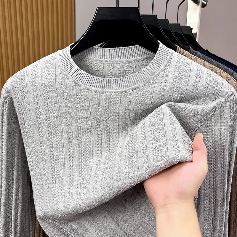 Men's Long-Sleeve Shirt Crew Neck Fine-Knit Ribbed Texture