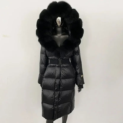 Women's long winter quilted coat with faux-fur hood and belt